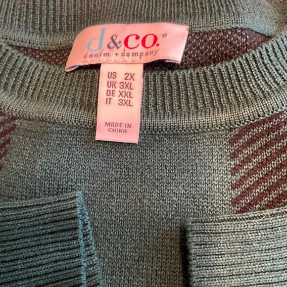 Denim & Co Green/Black Plaid Jacquard‎ Pullover Sweater 2XL Side Slit A555517 - Picture 2 of 5